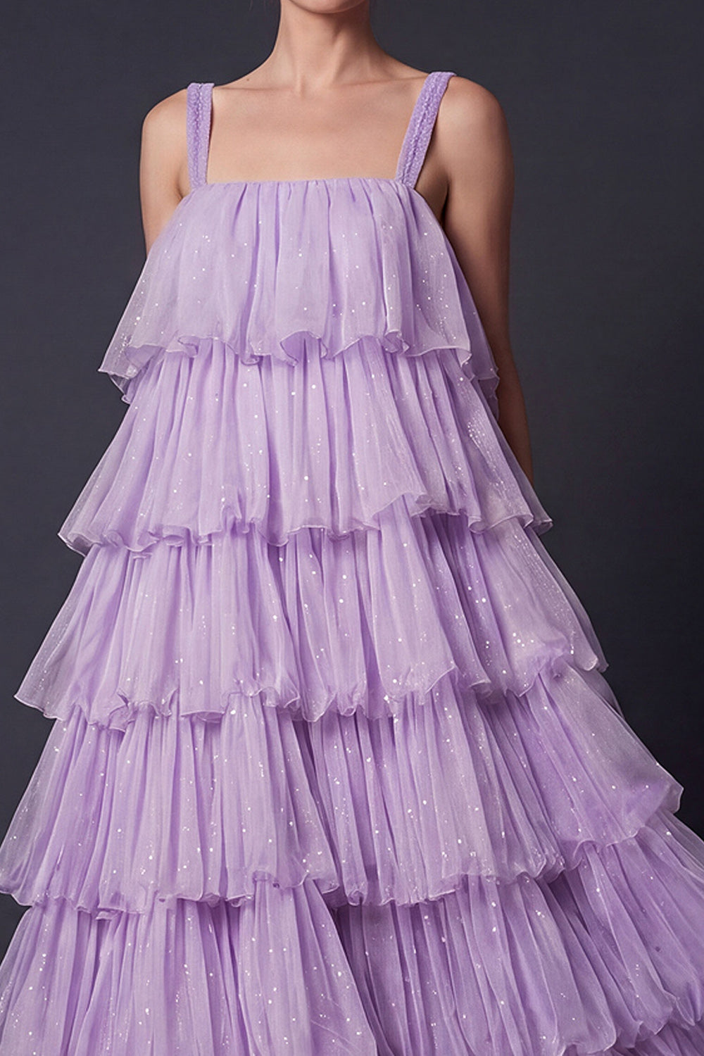 A Line Lilac Tiered Sparkly Long Formal Dress