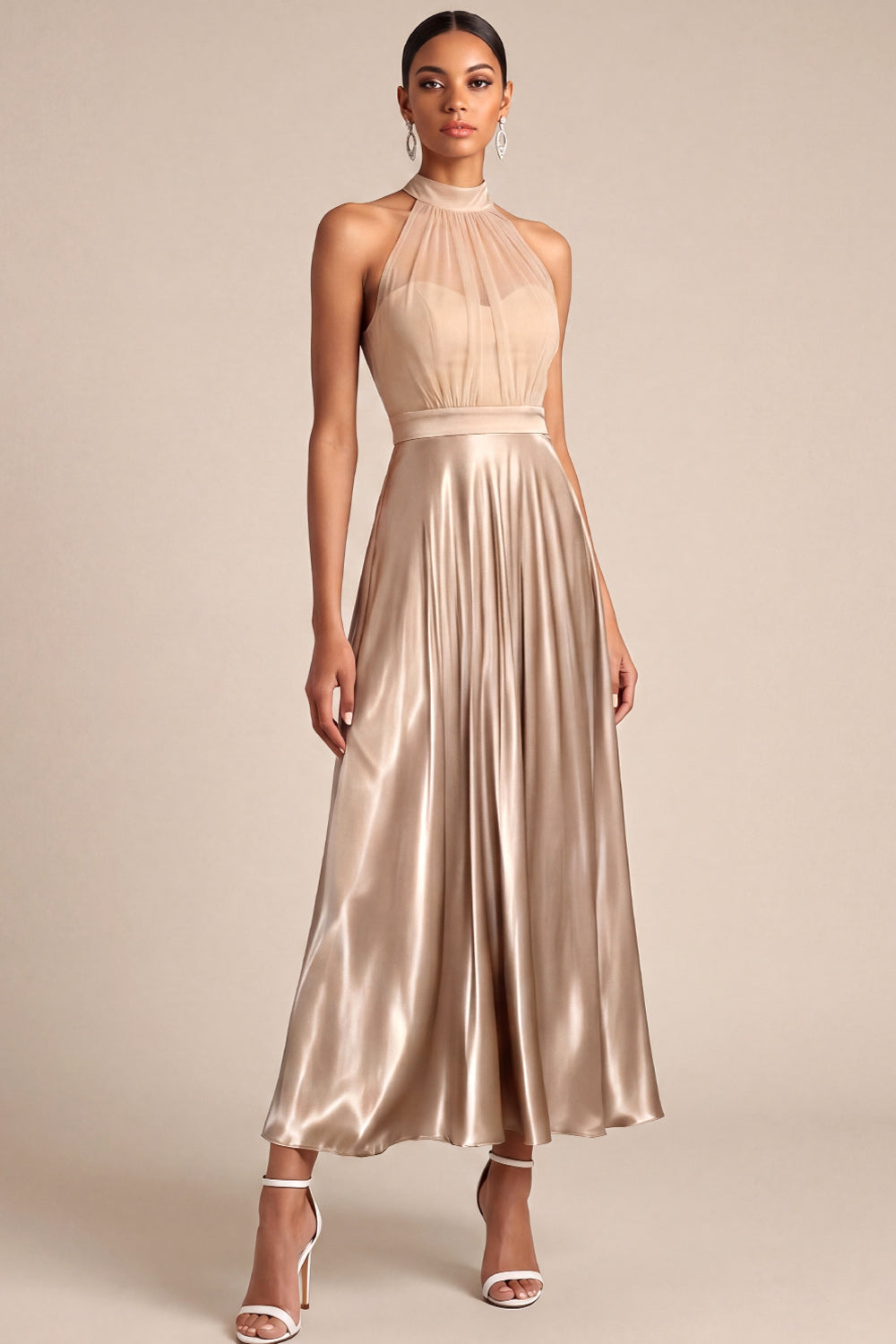 Halter Neck Champagne A Line Long Formal Dress