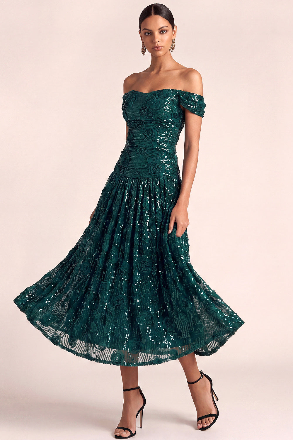 Sparkly Dark Green A Line Floral Long Formal Dress