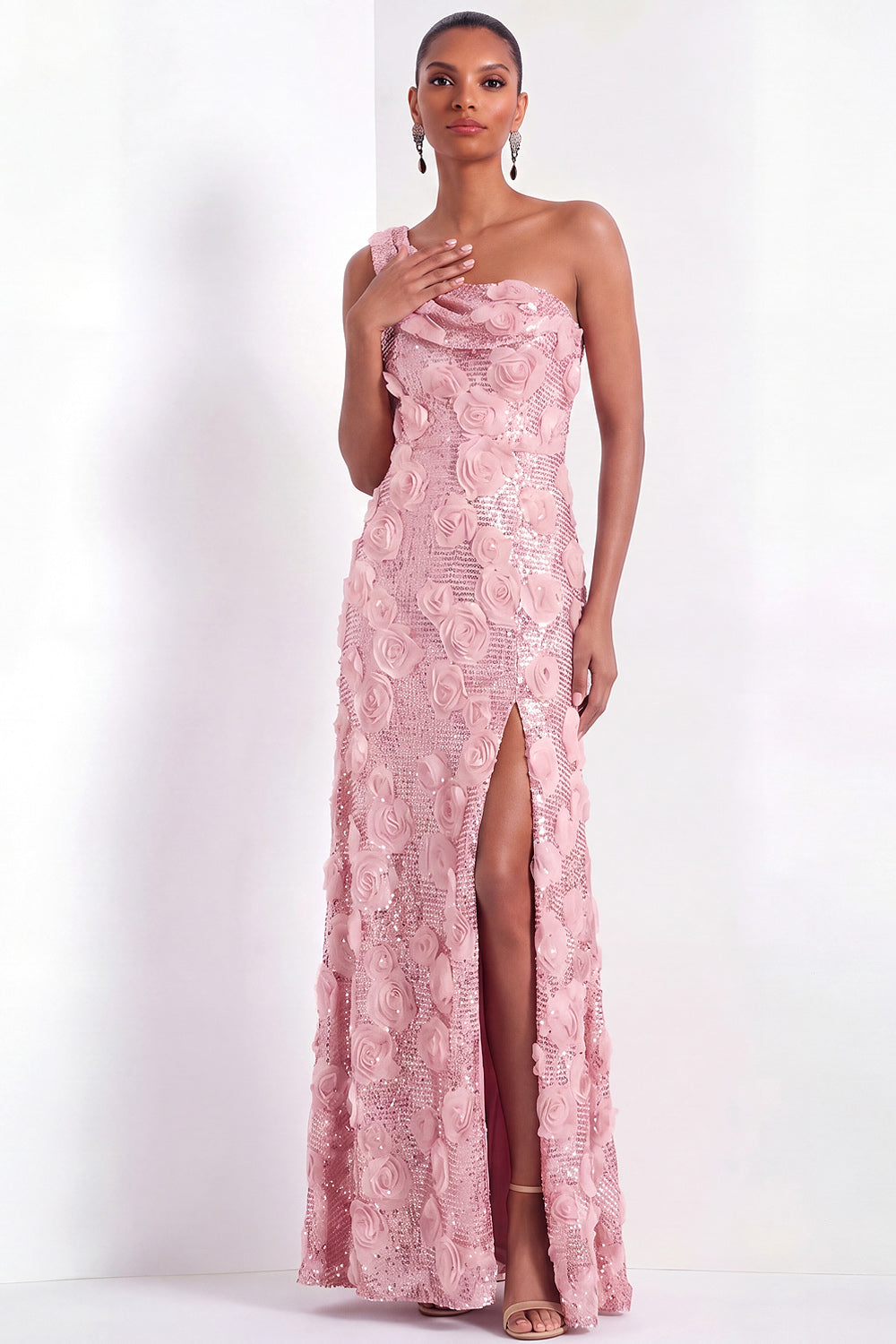 Pink Floral One Shoulder Sparkly Sequined Long Formal Dress with Slit