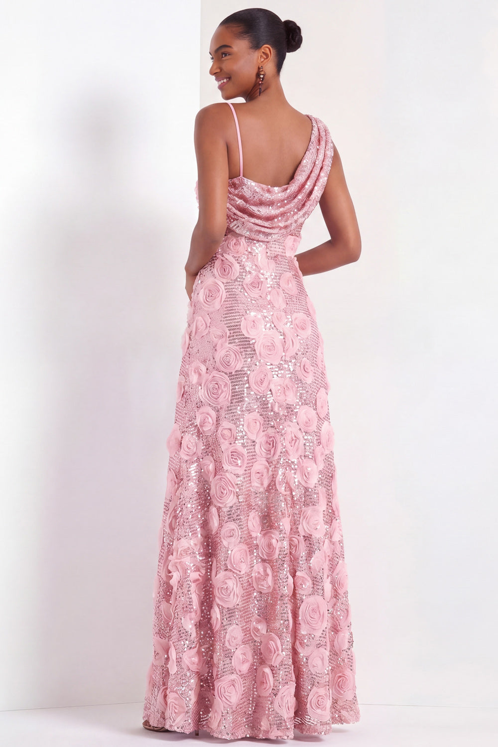 Pink Floral One Shoulder Sparkly Sequined Long Formal Dress with Slit