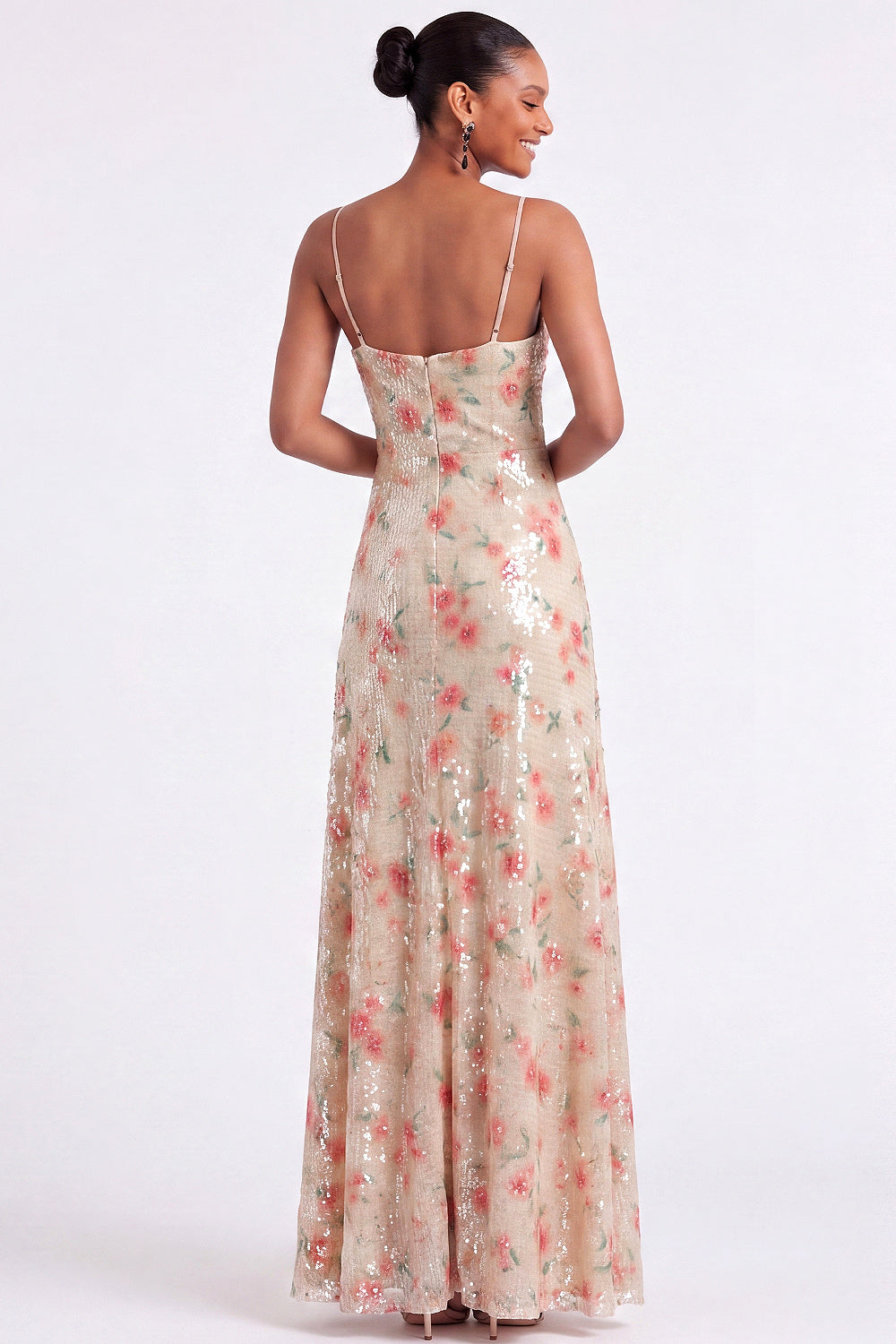 Sparkly Floral A Line Ivory Long Formal Dress with Slit
