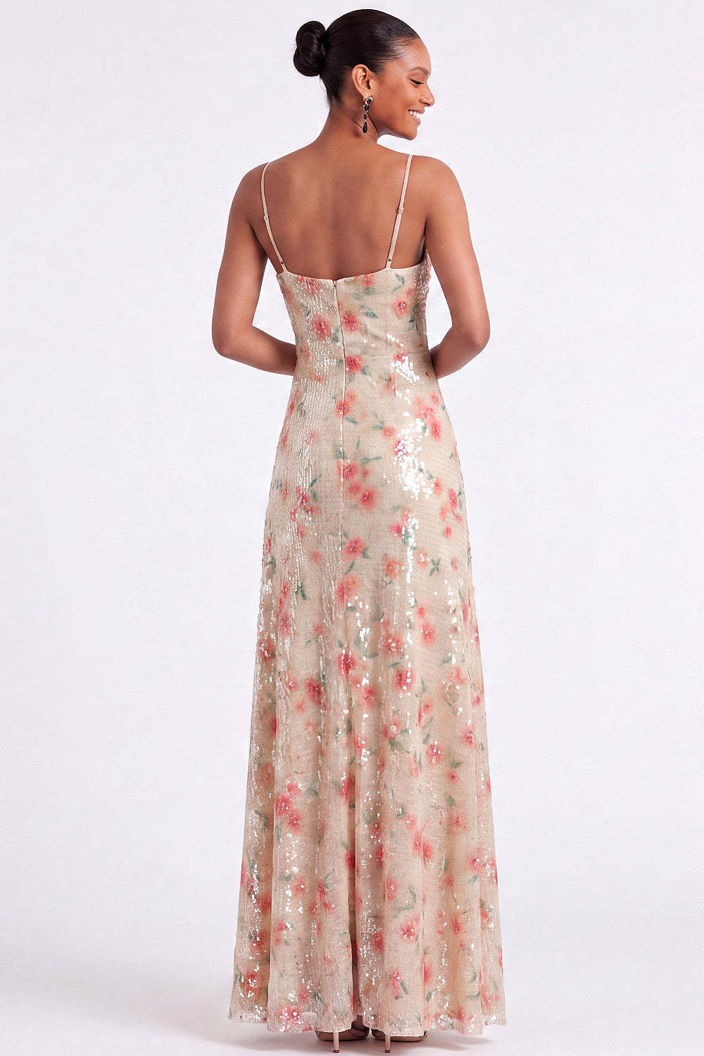 Sparkly Floral A Line Ivory Long Formal Dress with Slit