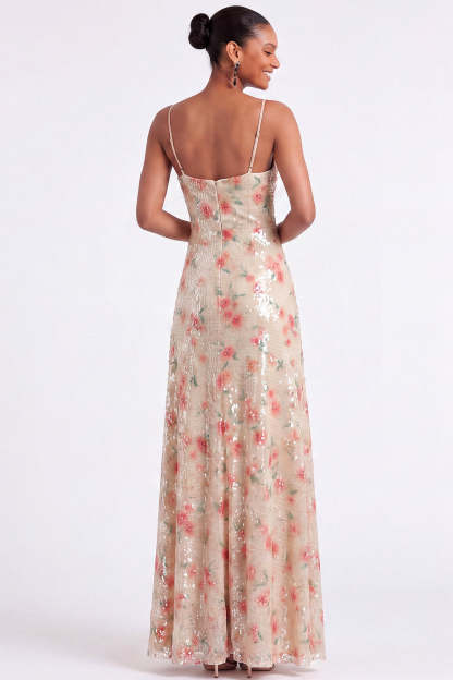 Sparkly Floral A Line Ivory Long Formal Dress with Slit
