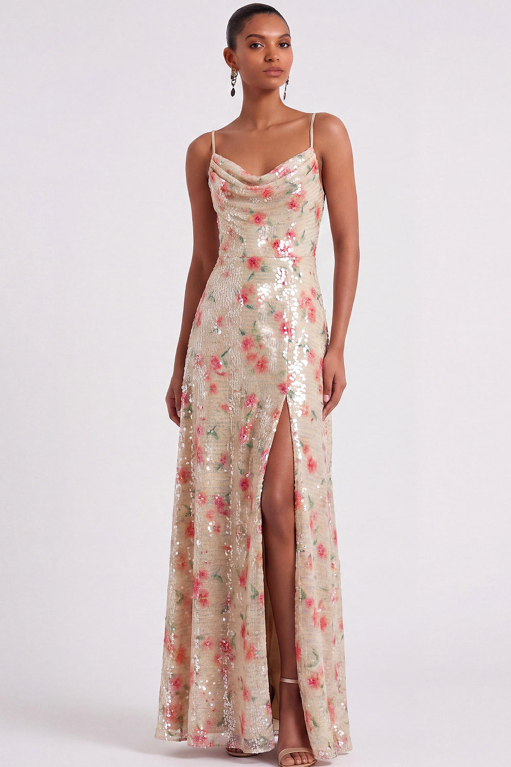 Sparkly Floral A Line Ivory Long Formal Dress with Slit