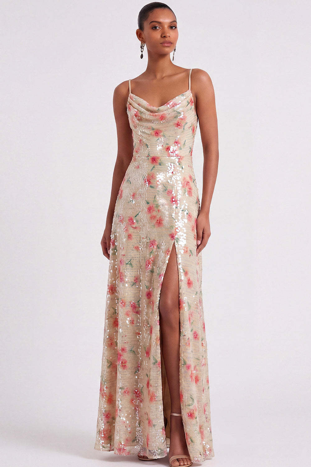 Sparkly Floral A Line Ivory Long Formal Dress with Slit
