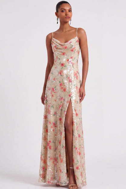Sparkly Floral A Line Ivory Long Formal Dress with Slit