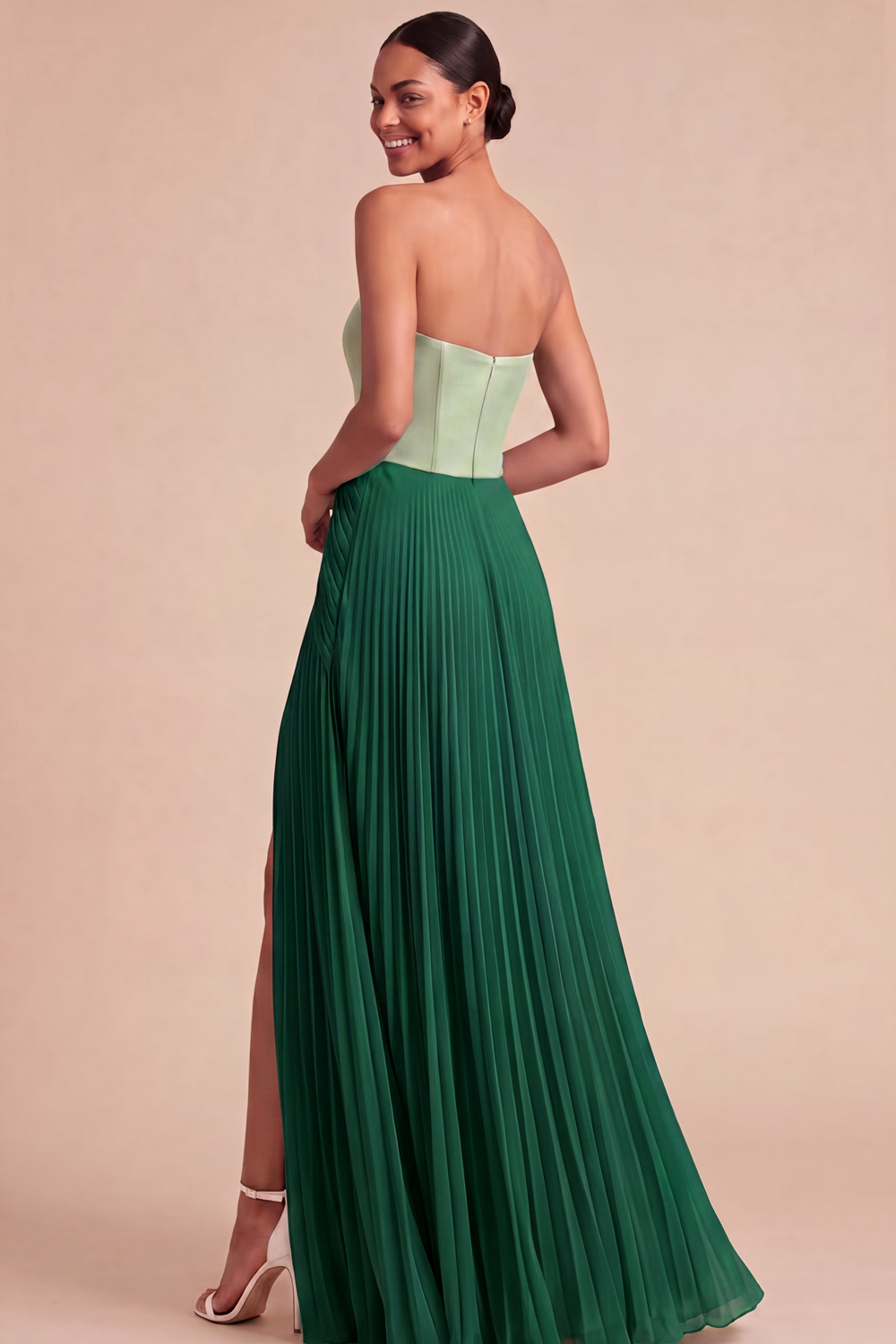 Fuchsia and Pink Pleated A Line Strapless Long Formal Dress with Slit