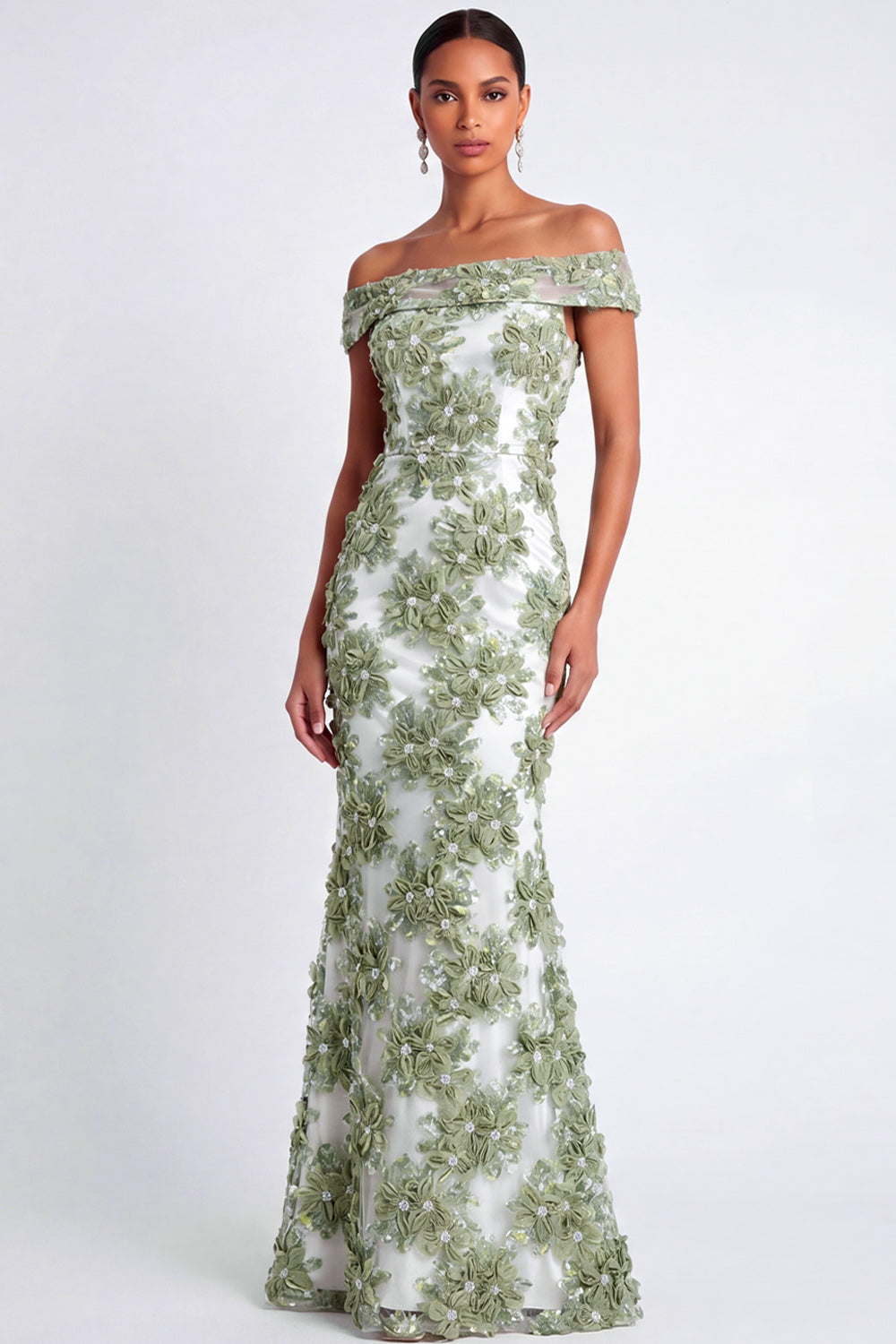 Green Mermaid Floral Appliqued Long Formal Dress
