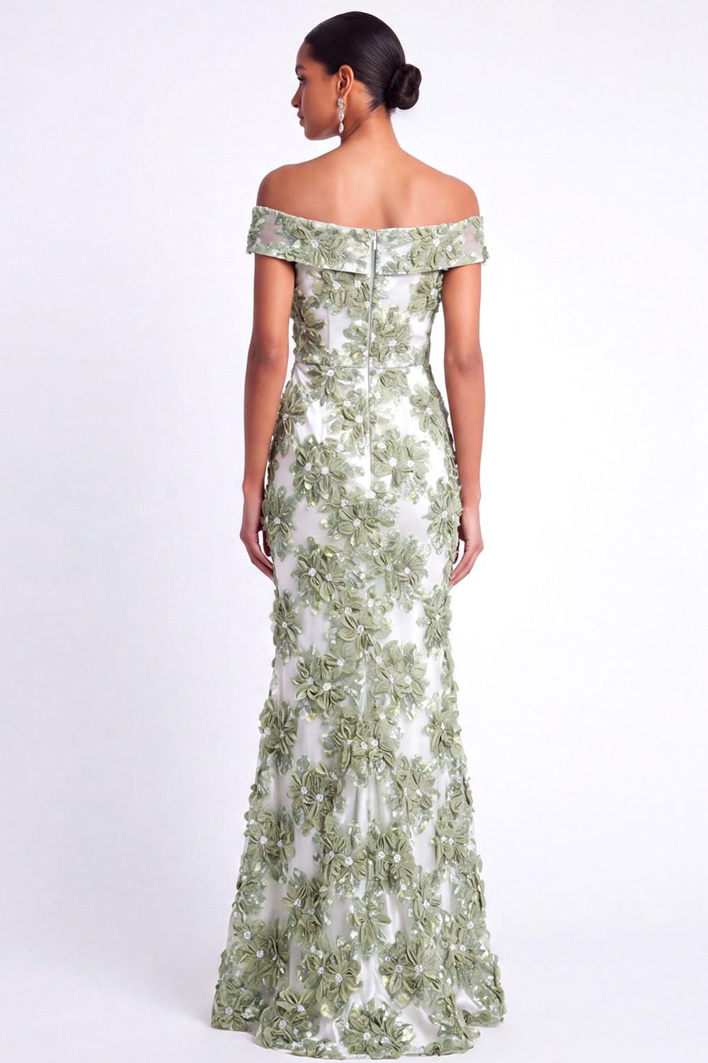 Green Mermaid Floral Appliqued Long Formal Dress