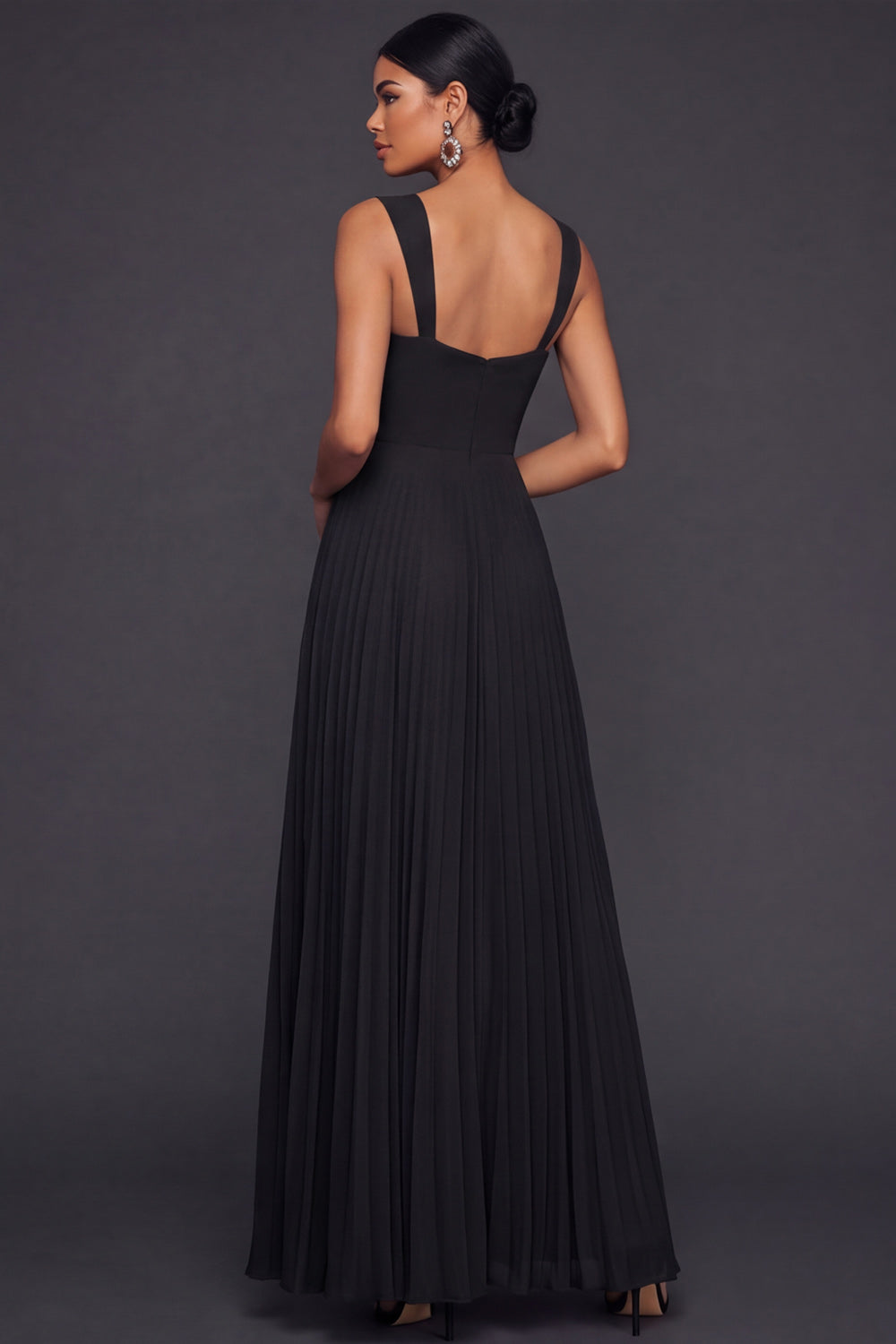 Black A Line Thick Straps Pleated Long Formal Dress