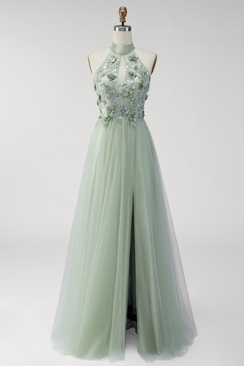Halter Neck Dusty Sage Floral Long Formal Dress with Slit
