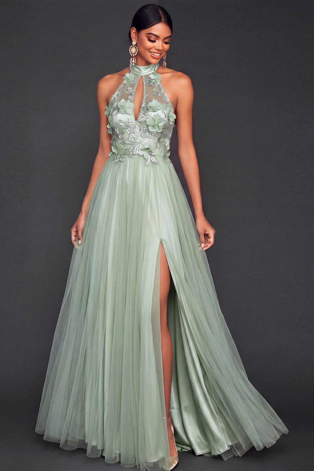 Halter Neck Dusty Sage Floral Long Formal Dress with Slit
