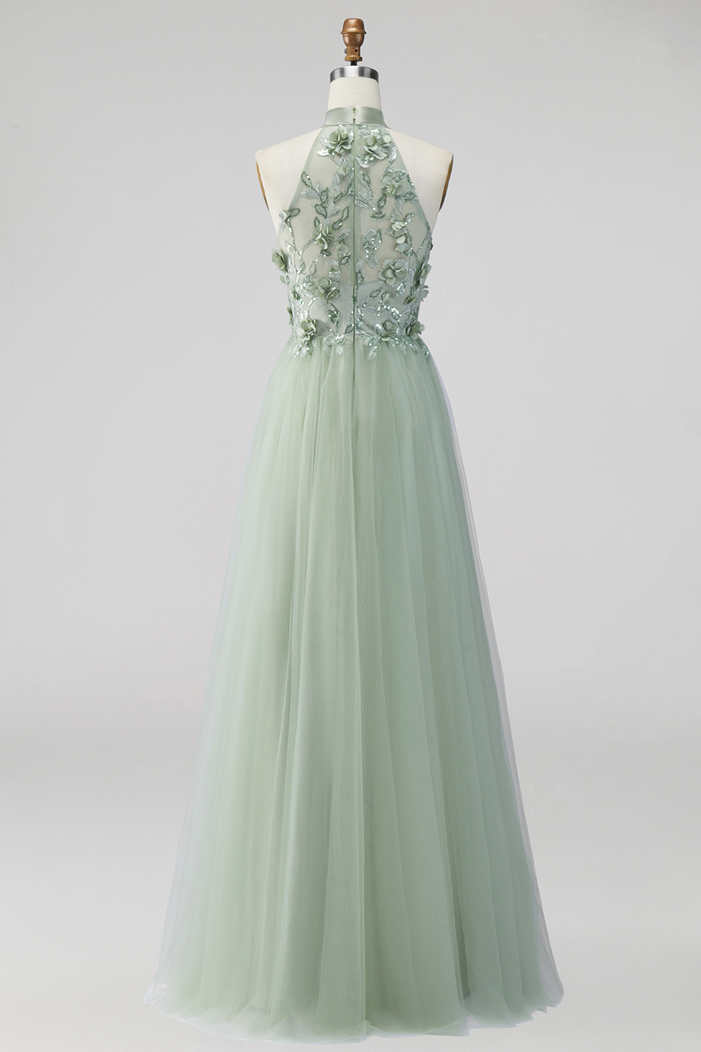 Halter Neck Dusty Sage Floral Long Formal Dress with Slit