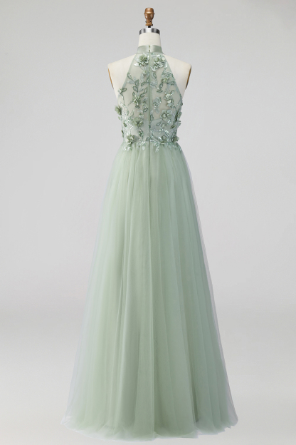 Halter Neck Dusty Sage Floral Long Formal Dress with Slit