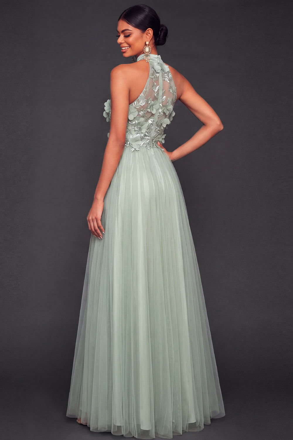 Halter Neck Dusty Sage Floral Long Formal Dress with Slit