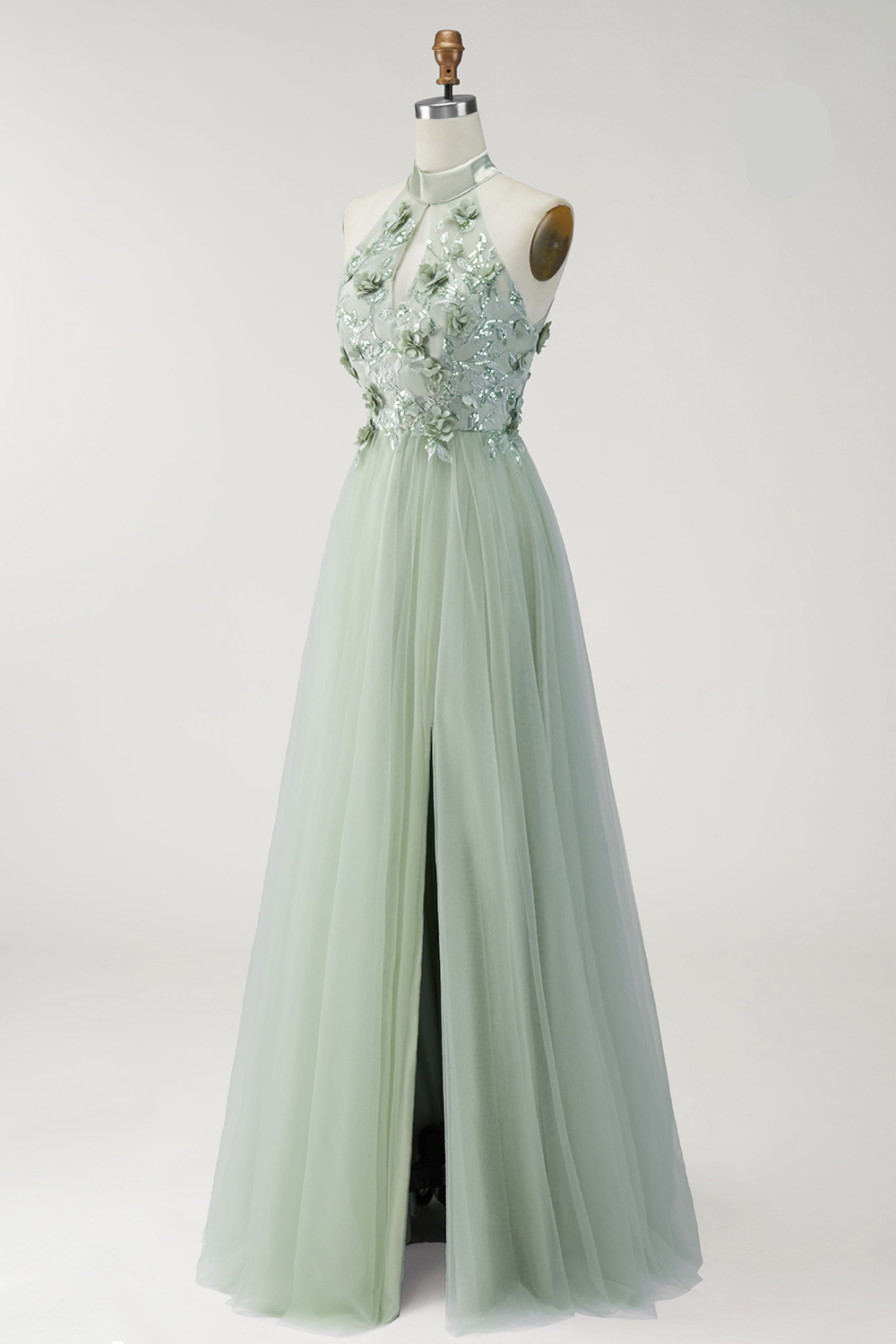 Halter Neck Dusty Sage Floral Long Formal Dress with Slit