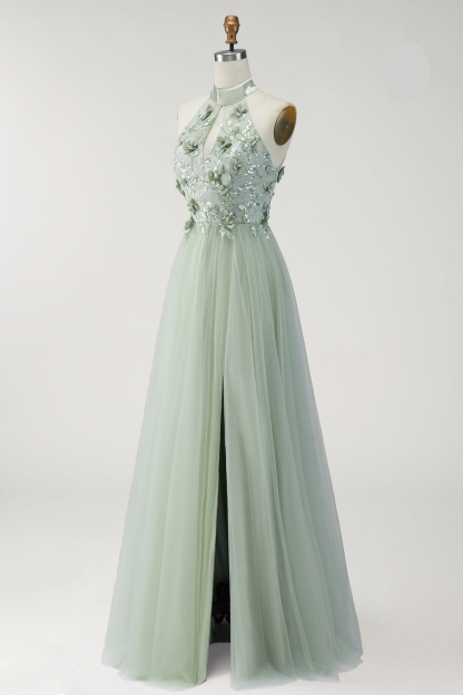 Halter Neck Dusty Sage Floral Long Formal Dress with Slit