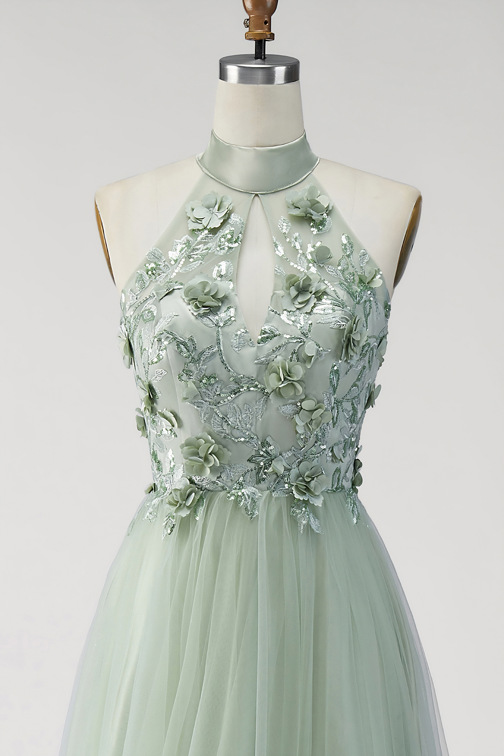Halter Neck Dusty Sage Floral Long Formal Dress with Slit