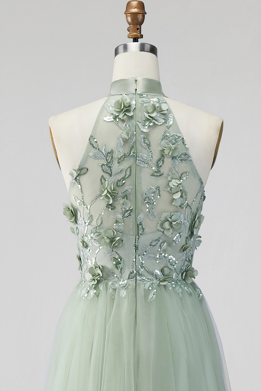 Halter Neck Dusty Sage Floral Long Formal Dress with Slit