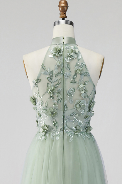 Halter Neck Dusty Sage Floral Long Formal Dress with Slit