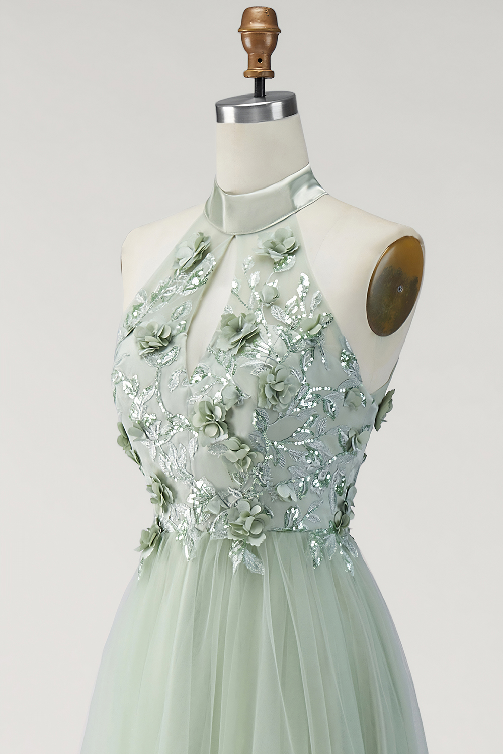 Halter Neck Dusty Sage Floral Long Formal Dress with Slit