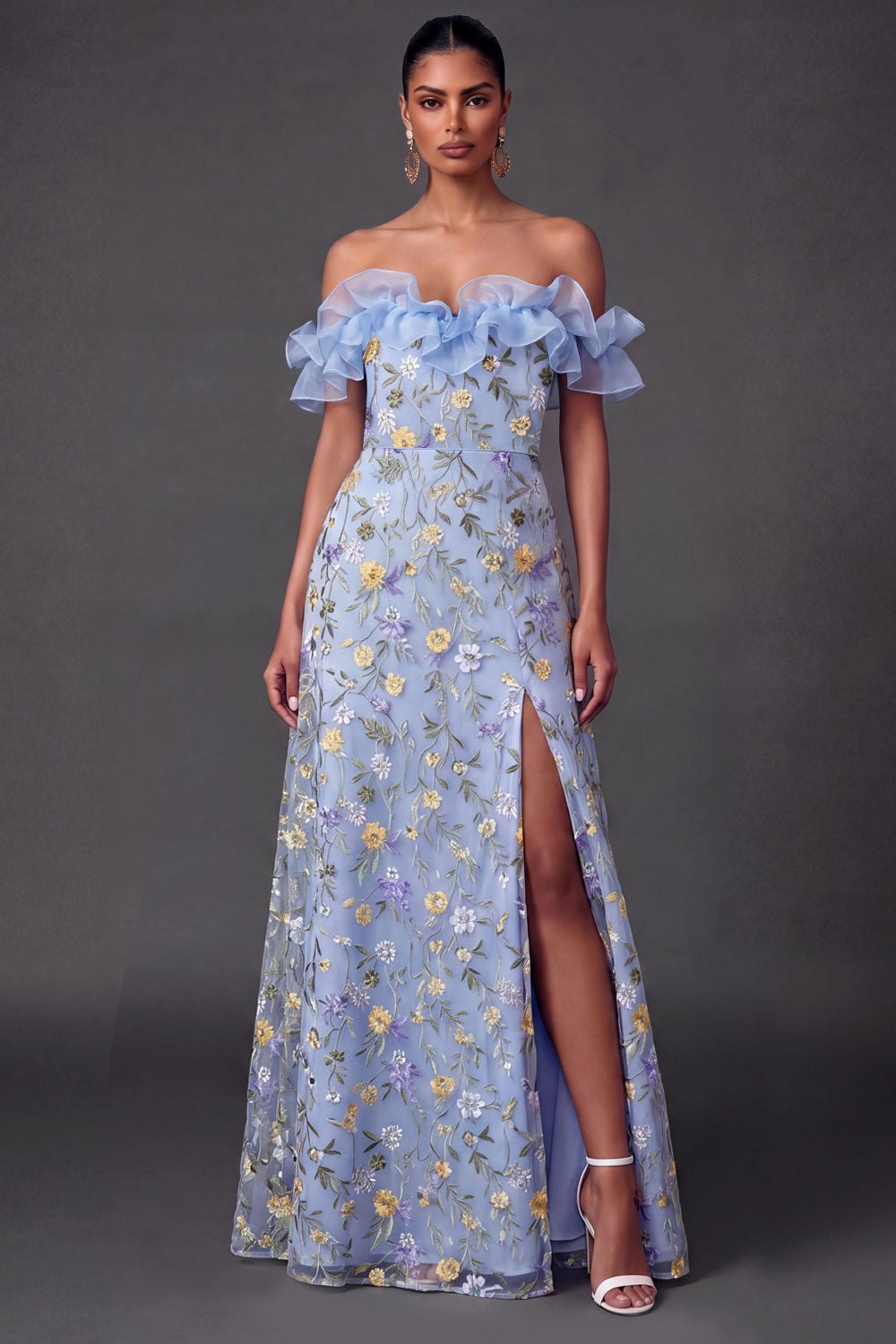 Light Blue Floral Ruffled Embroidered Long Formal Dress with Slit