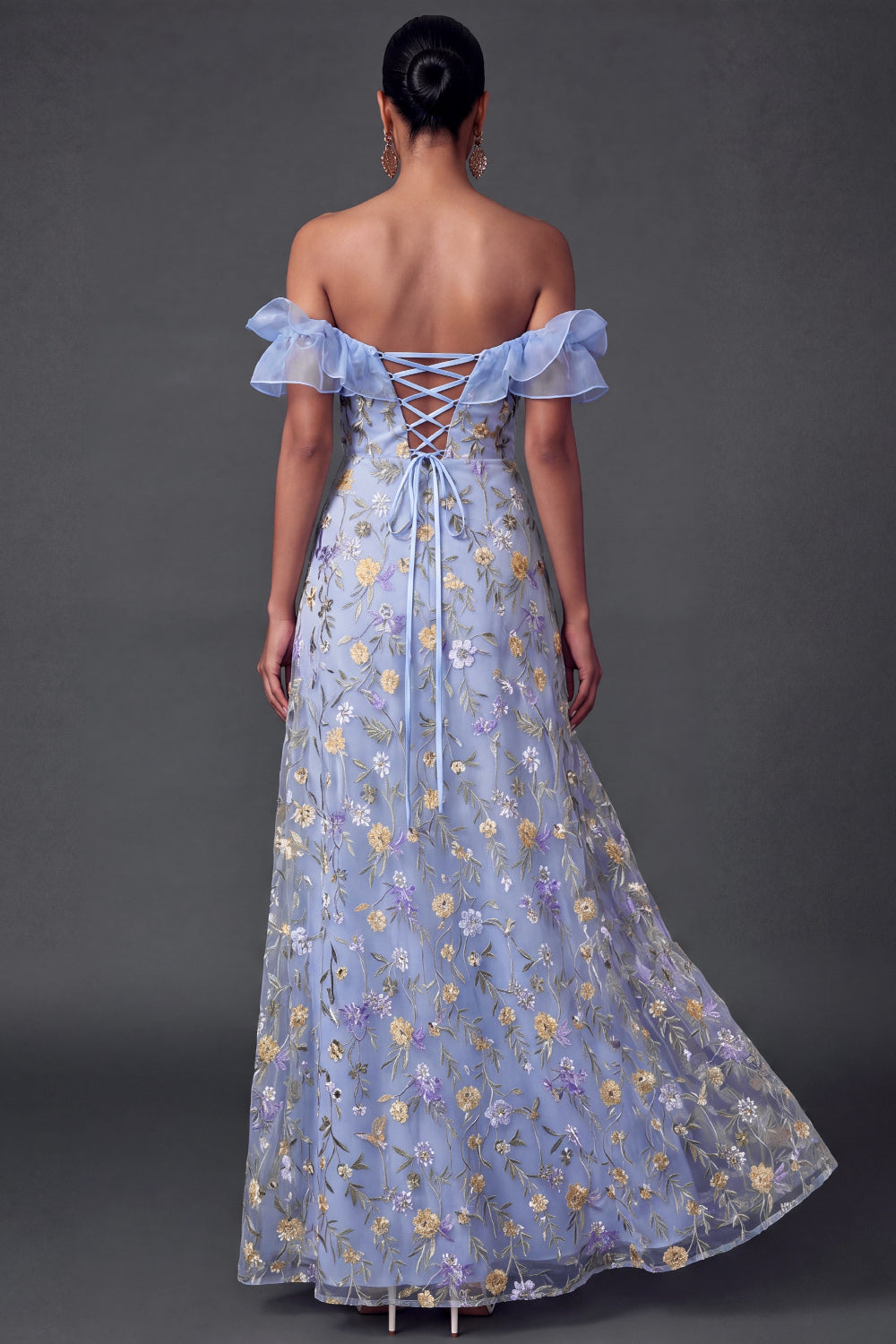 Light Blue Floral Ruffled Embroidered Long Formal Dress with Slit