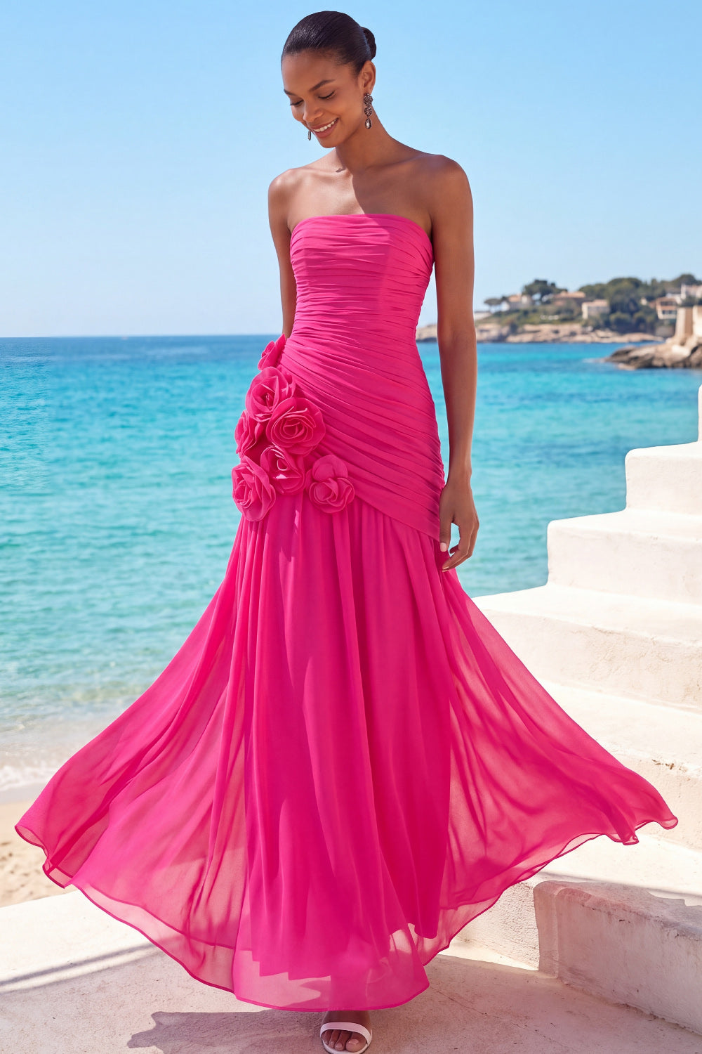 Fuchsia A Line Strapless Backless Long Formal Dress with 3D Flower