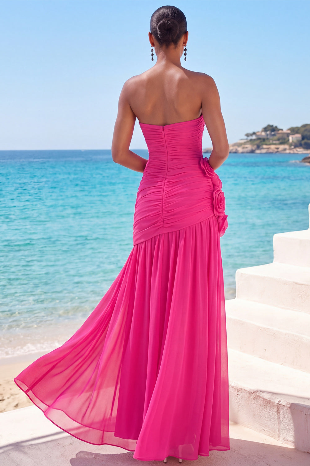 Fuchsia A Line Strapless Backless Long Formal Dress with 3D Flower