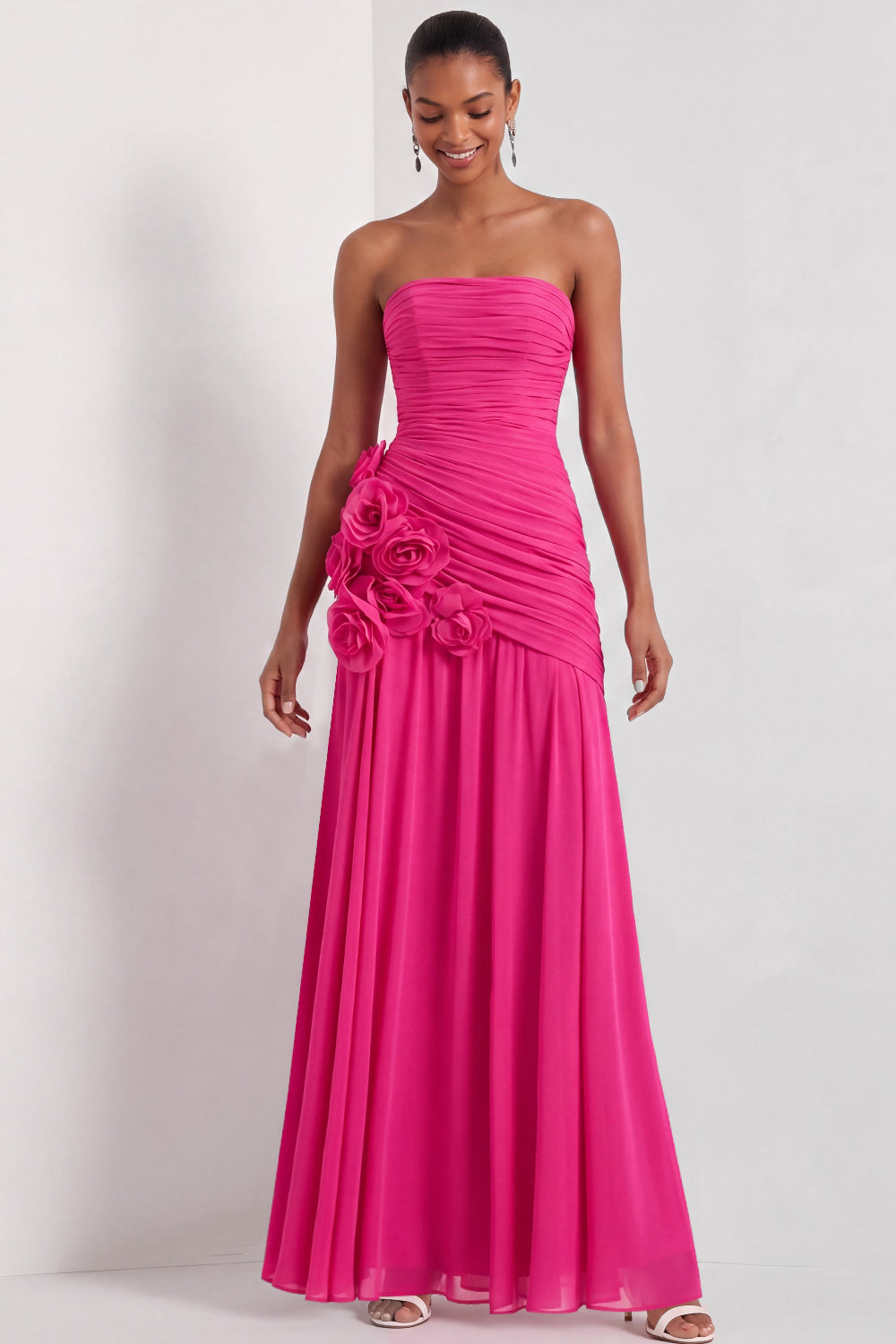 Fuchsia A Line Strapless Backless Long Formal Dress with 3D Flower
