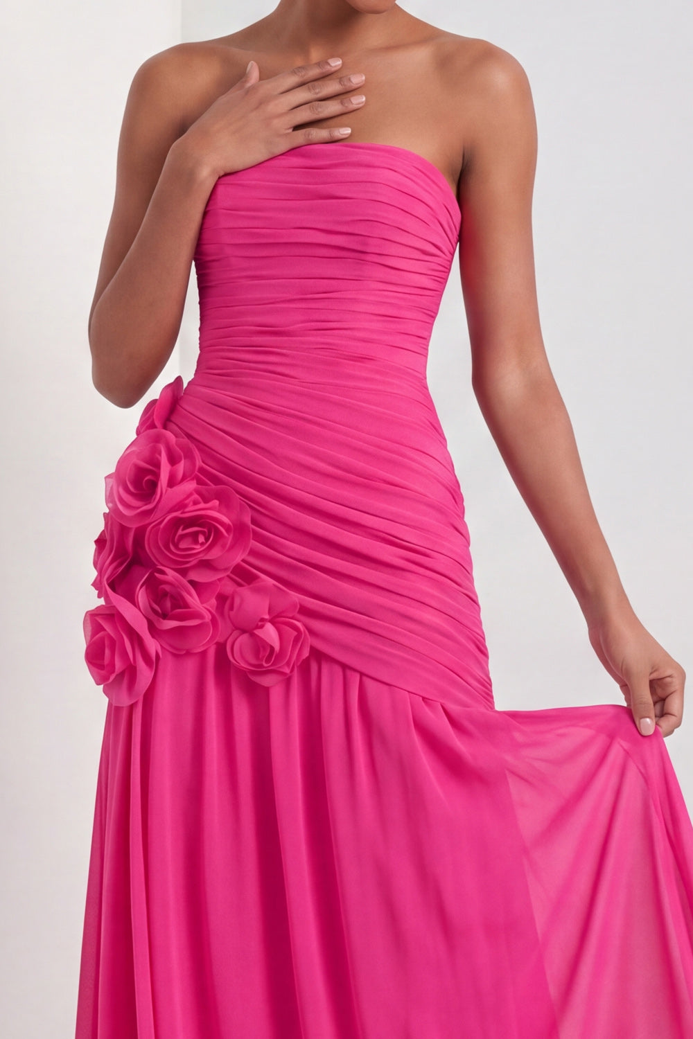 Fuchsia A Line Strapless Backless Long Formal Dress with 3D Flower