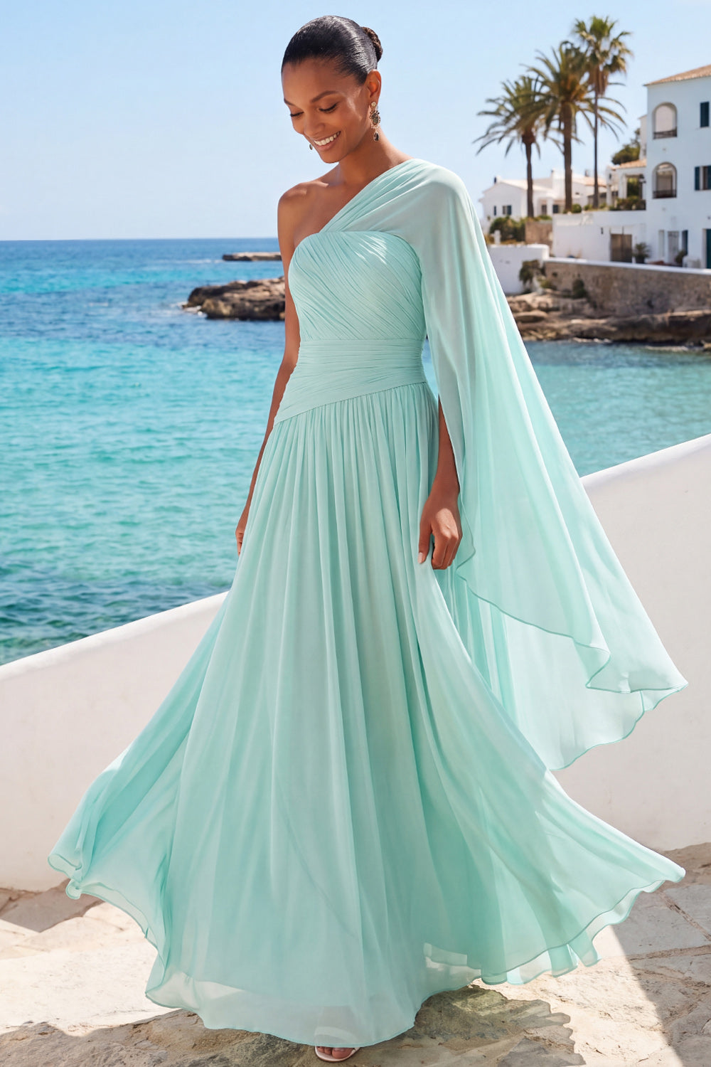 Mint Green A Line One Shoulder Pleated Long Formal Dress with Cape