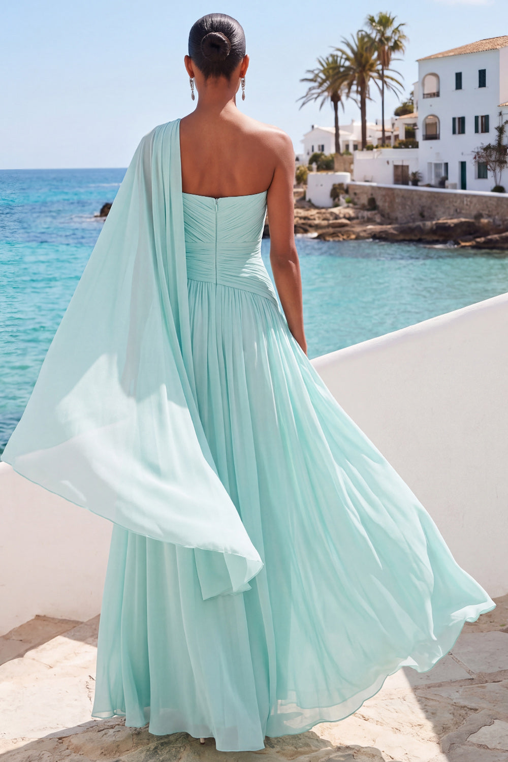 Mint Green A Line One Shoulder Pleated Long Formal Dress with Cape