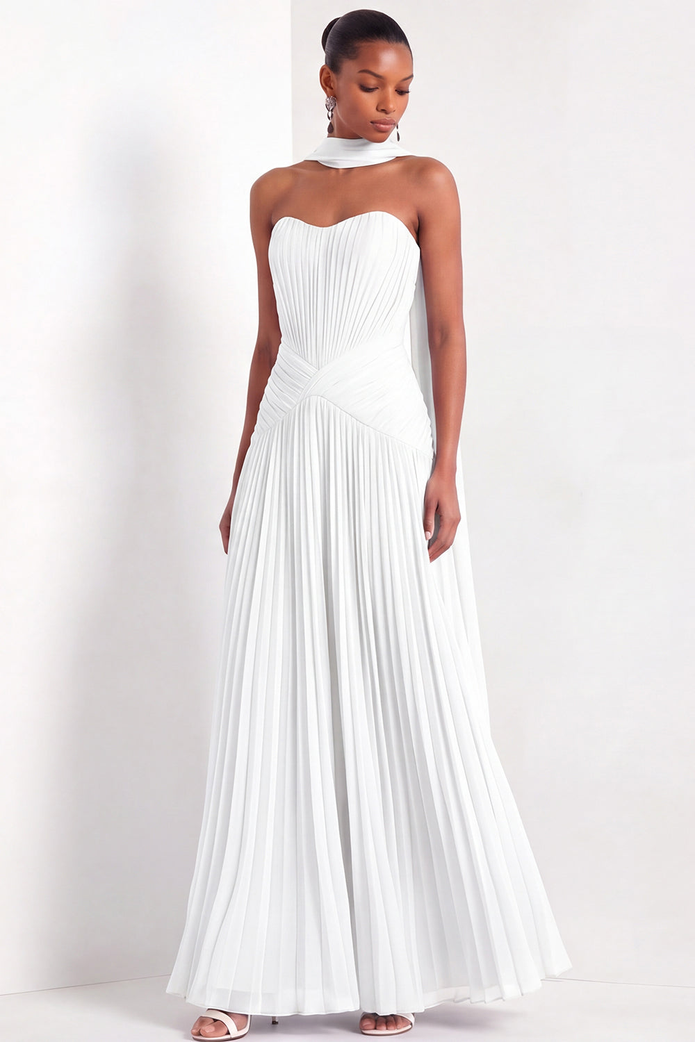 White Pleated A Line Sweetheart Long Wedding Reception Dress with Neck Scarf
