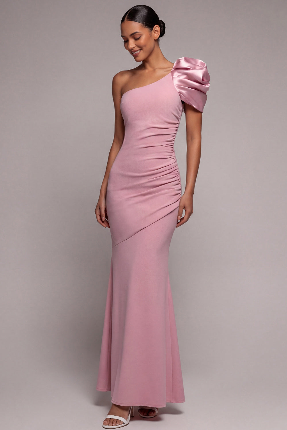 One Shoulder Ruched Dusty Rose Long Formal Dress