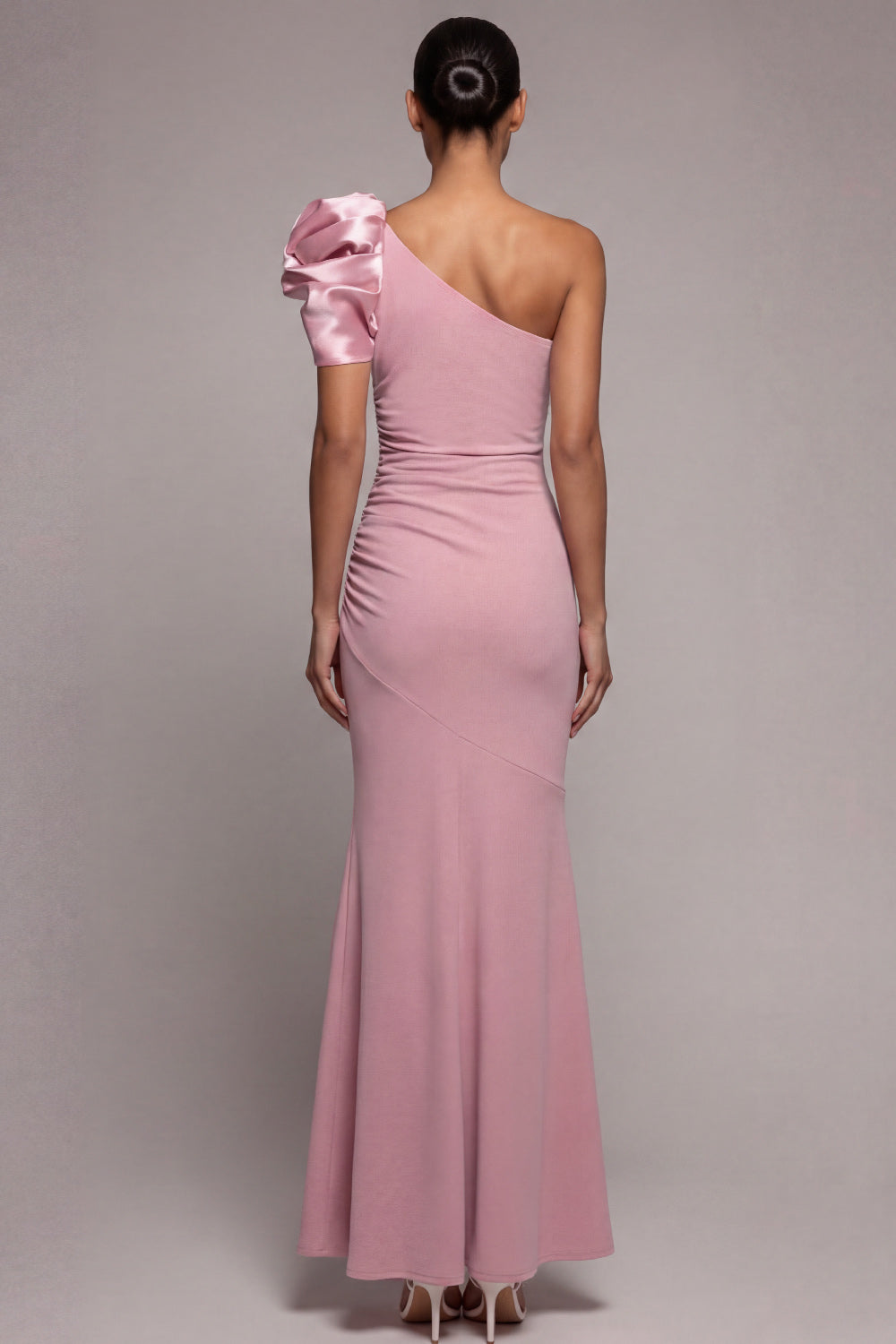 One Shoulder Ruched Dusty Rose Long Formal Dress