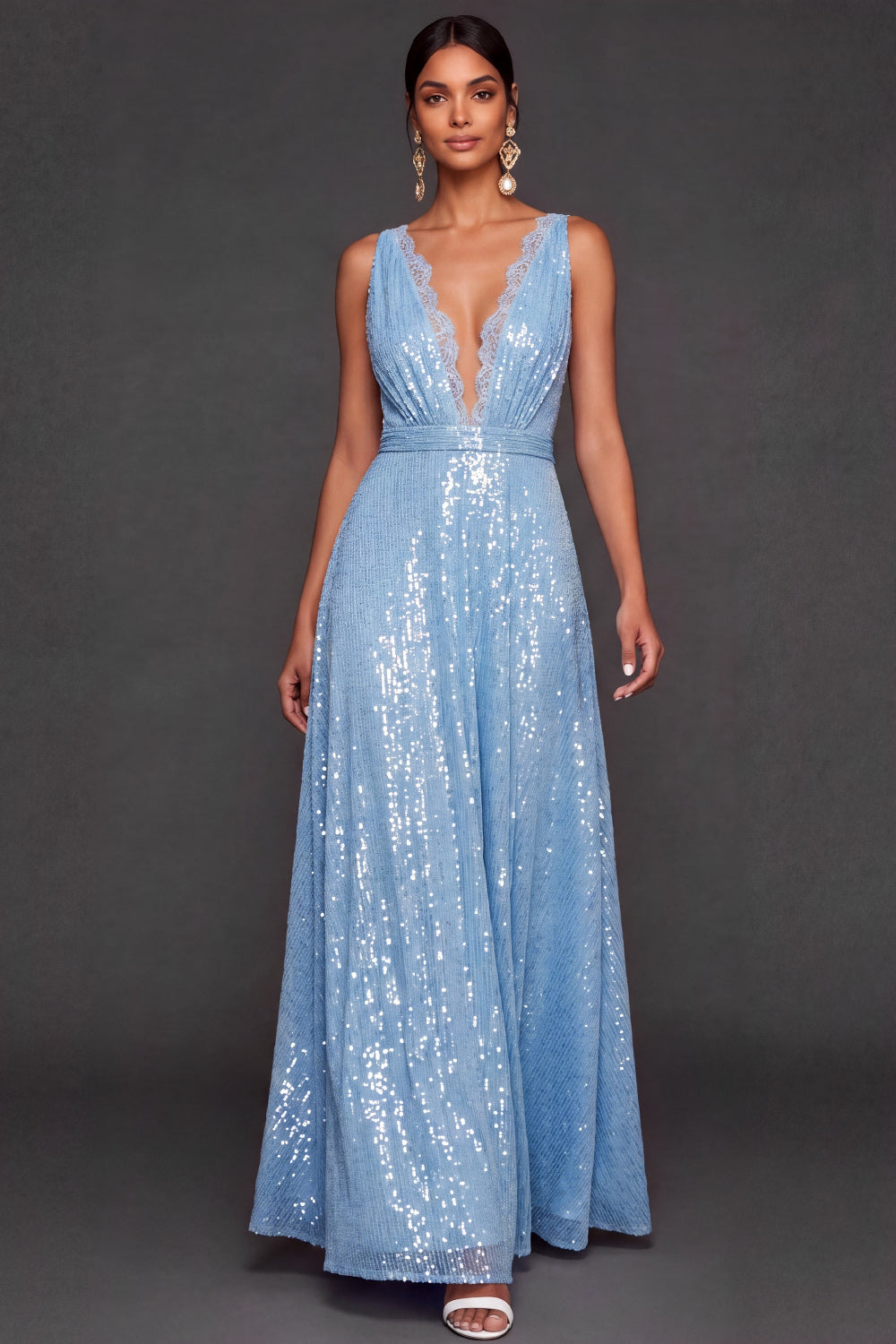 Sparkly Glitter A Line Light Blue Long Formal Dress