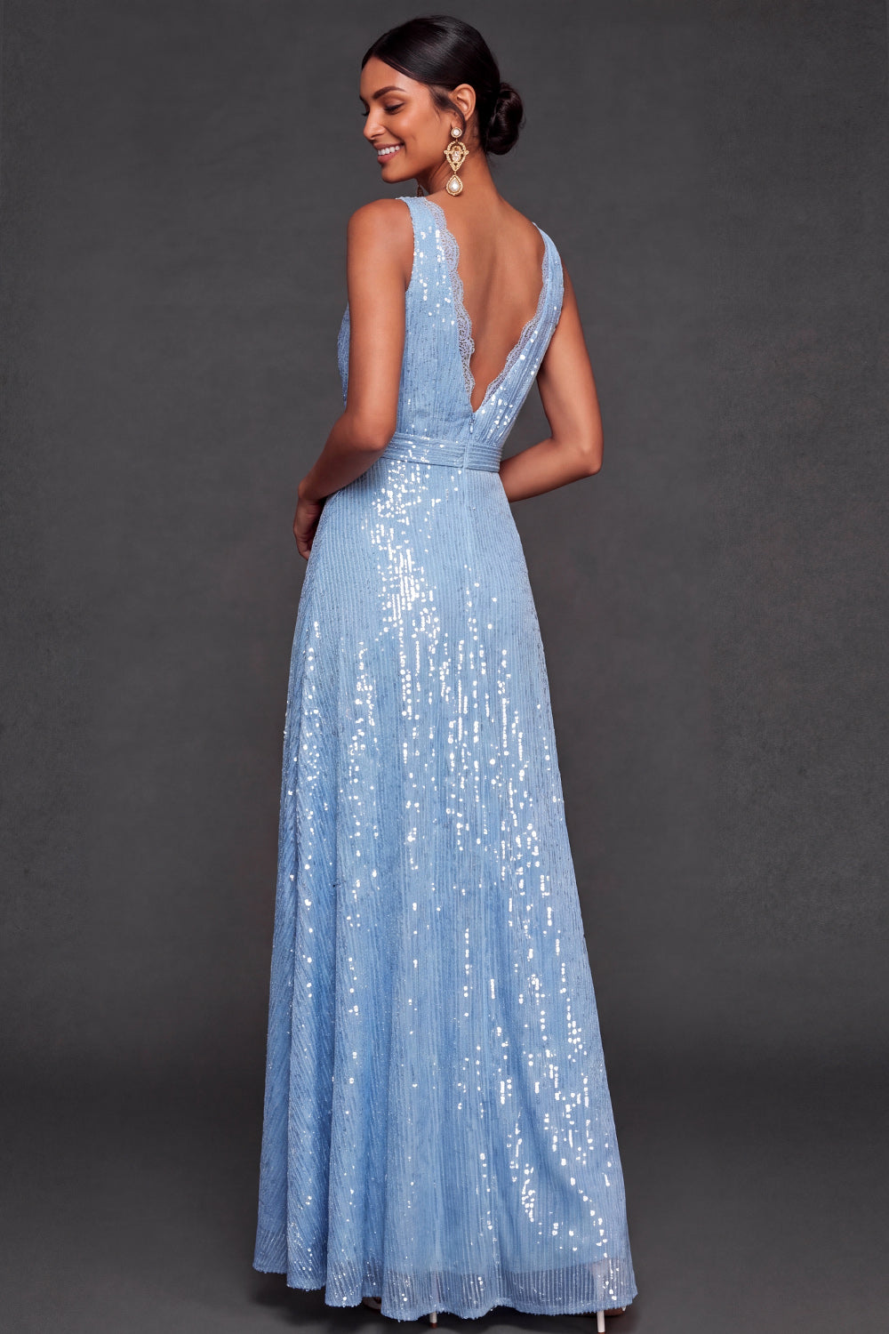Sparkly Glitter A Line Light Blue Long Formal Dress