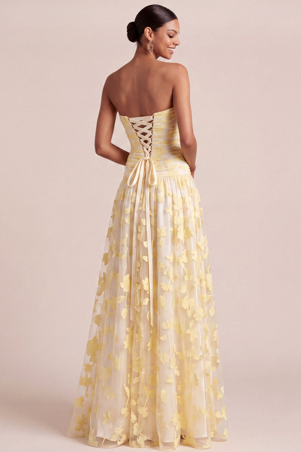 A Line Floral Light Yellow Appliqued Long Formal Dress