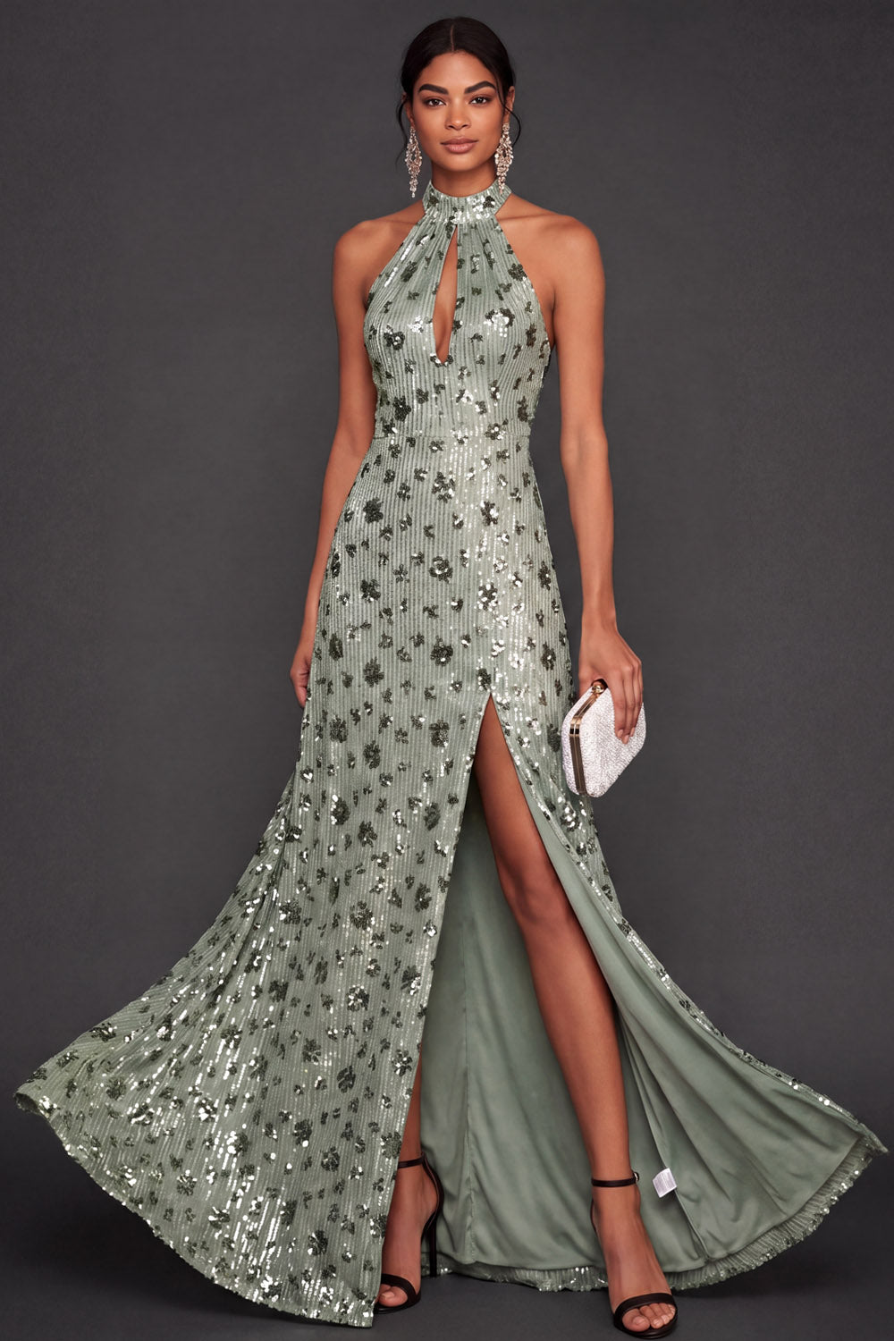 Halter Neck Dusty Sage Floral Sparkly Sequined Long Formal Dress with Slit