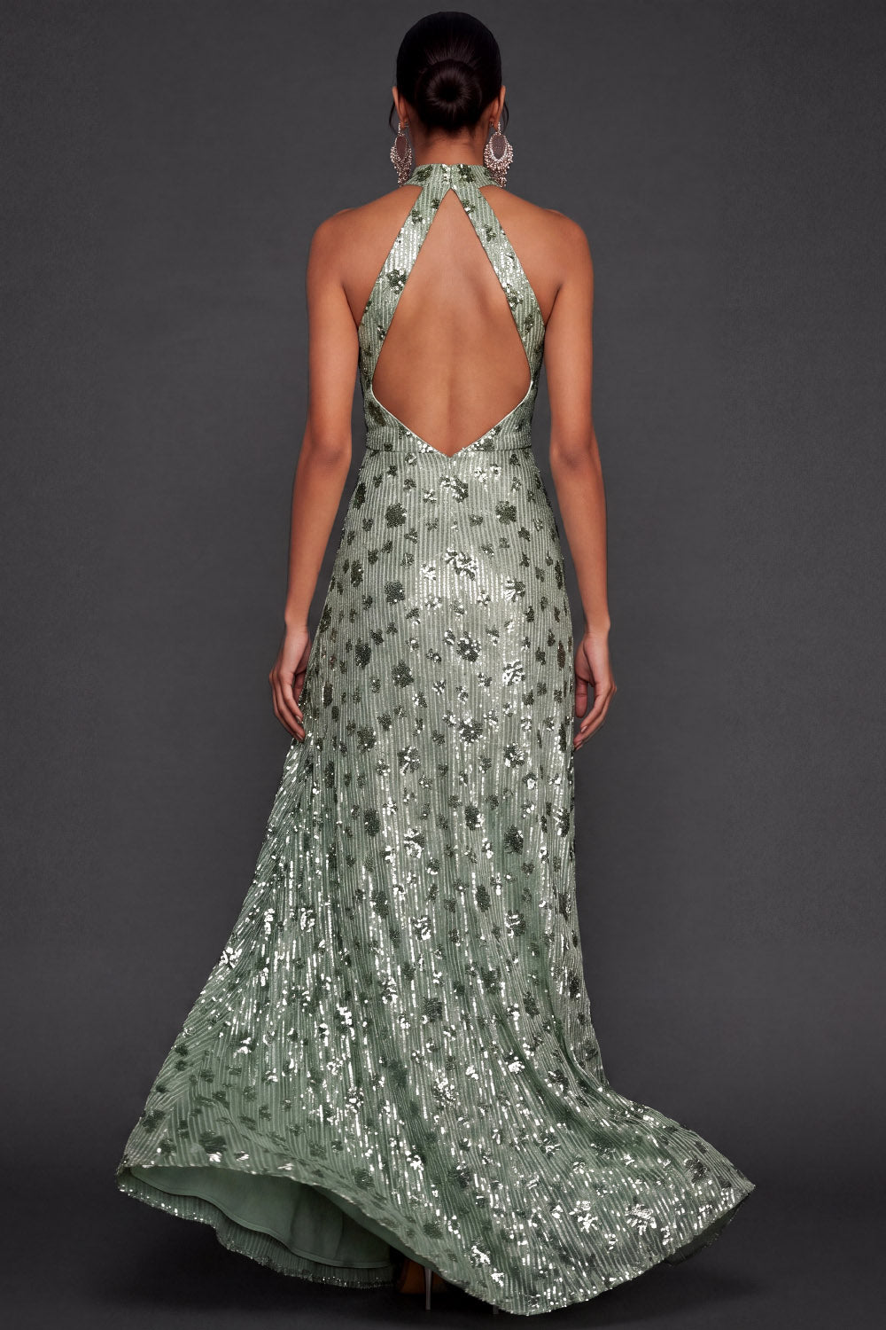 Halter Neck Dusty Sage Floral Sparkly Sequined Long Formal Dress with Slit