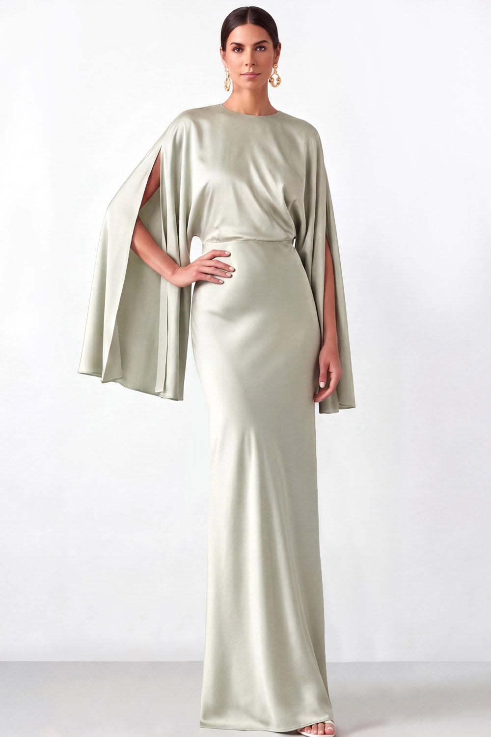 Leely Women Dusty Sage Mermaid Satin Long Mother of the Bride Dress Round Neck Flutter Sleeves Wedding Guest Dress