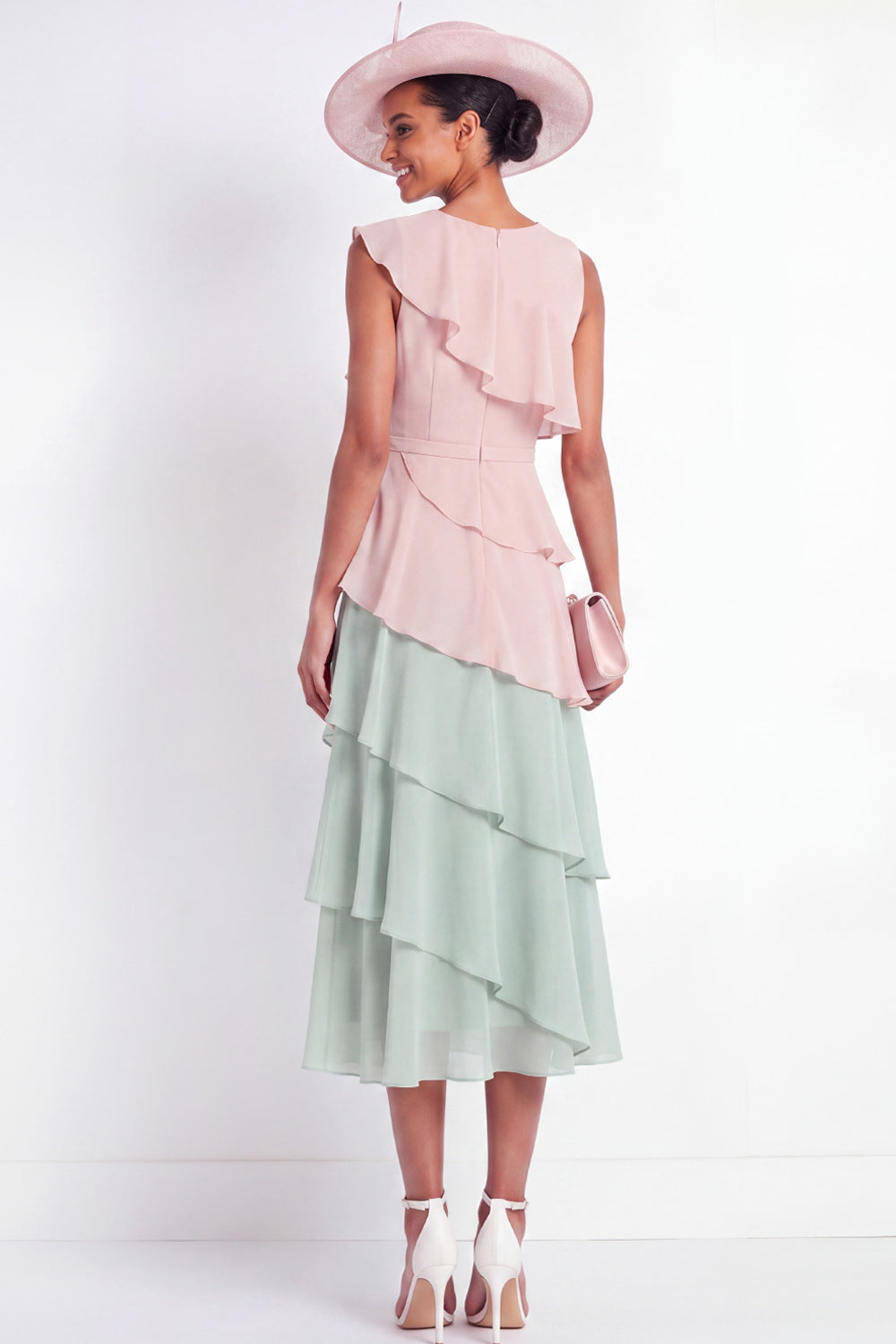 Pink and Green Tiered A Line Midi Mother of the Bride Dress with Ruffles