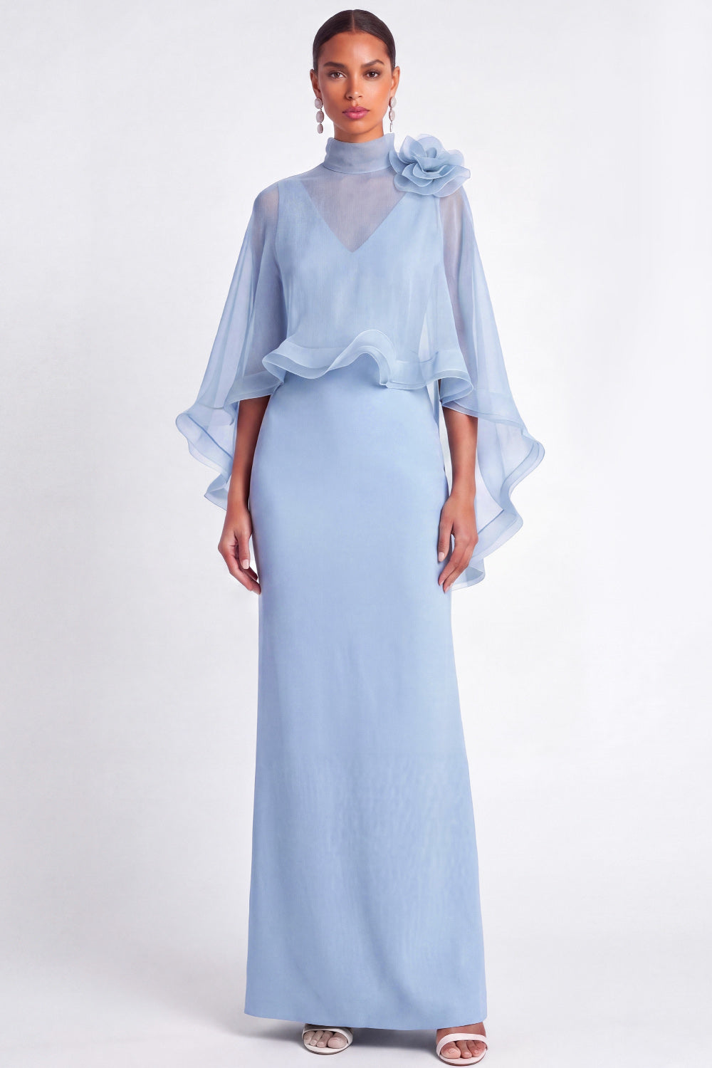 Light Blue Mermaid V Neck Long Mother of the Bride Dress with Cape