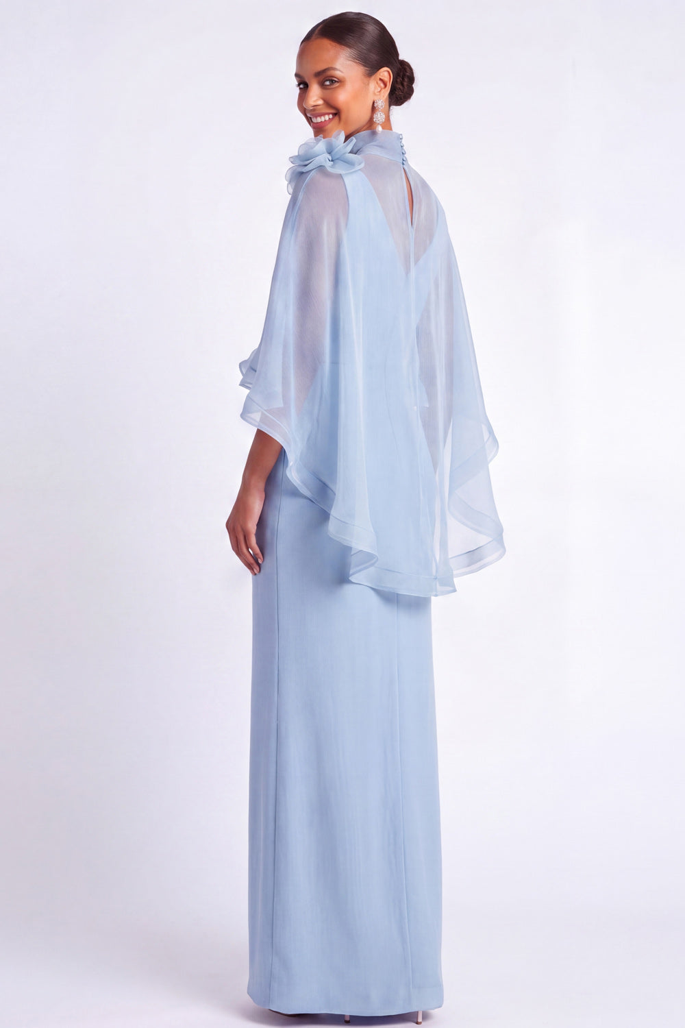 Light Blue Mermaid V Neck Long Mother of the Bride Dress with Cape
