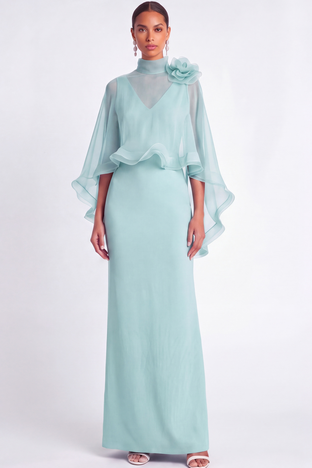 Light Blue Mermaid V Neck Long Mother of the Bride Dress with Cape