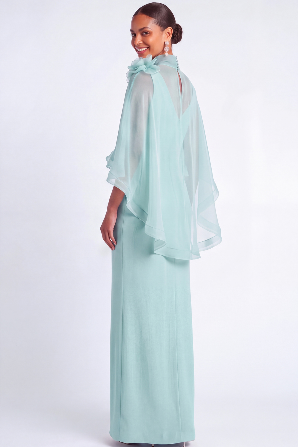 Light Blue Mermaid V Neck Long Mother of the Bride Dress with Cape