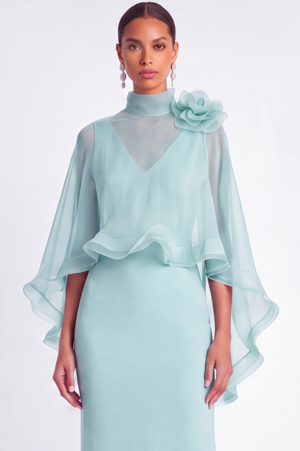 Light Blue Mermaid V Neck Long Mother of the Bride Dress with Cape