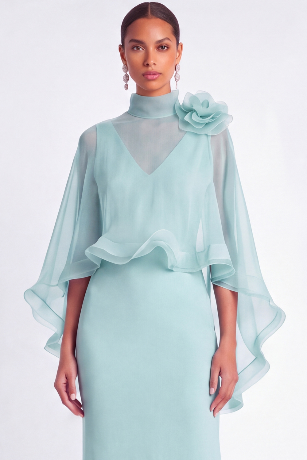 Light Blue Mermaid V Neck Long Mother of the Bride Dress with Cape